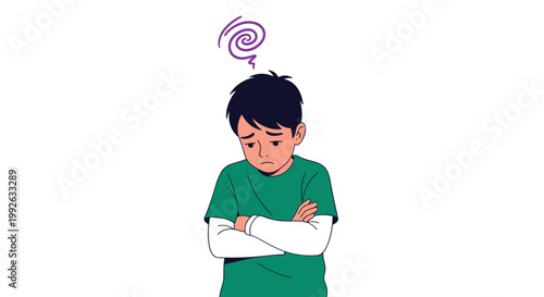 Sad young boy in a green shirt standing with his arms crossed while showing a purple swirl symbol above his head.