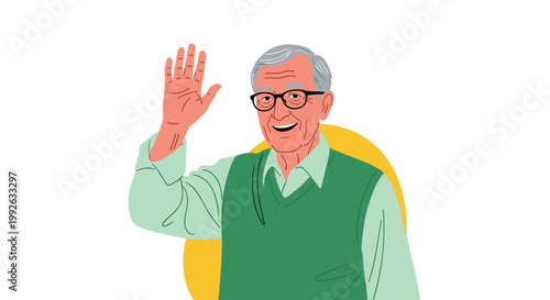 Senior man with grey hair wearing glasses and a green sweater vest smiling while waving his hand in a friendly greeting.