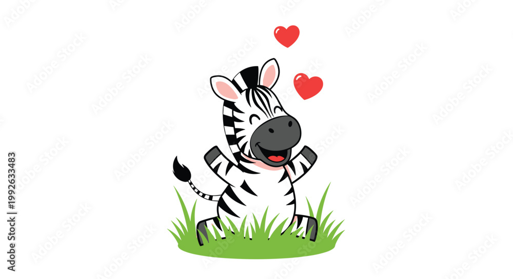 Naklejka premium Adorable cartoon zebra character sitting in green grass with red hearts above its head representing love and happiness.