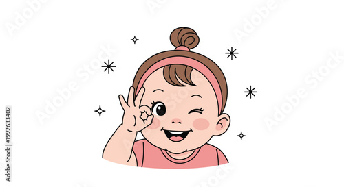 Adorable baby girl character making an ok hand gesture and winking with sparkles around her representing happiness and success.