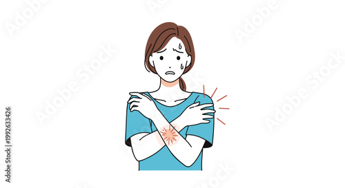 Concerned woman scratching her itchy shoulder and arm with red irritation marks representing skin allergy or dermatitis.