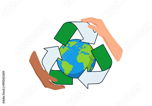 Hands holding green recycling symbol around planet earth illustration