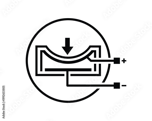 Capacitive pressure sensor diagram with electrical connections and applied force indicator