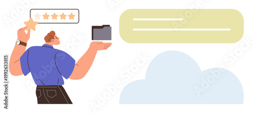Digital service, cloud solutions, data organization, user feedback, online ratings, file management. Person holding a folder, rating stars and cloud graphic. User feedback and cloud solutions