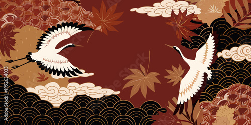 Two cranes gracefully fly amidst traditional japanese floral and wave patterns