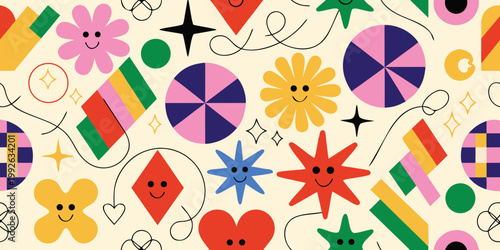 Playful pattern featuring colorful geometric shapes and smiling faces