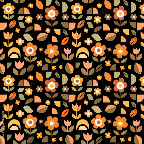Half Shape Garden Seamless Pattern Retro Floral Geometric Dark Background