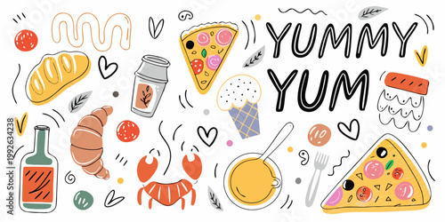 Colorful doodle illustration featuring various sweet and savory food items