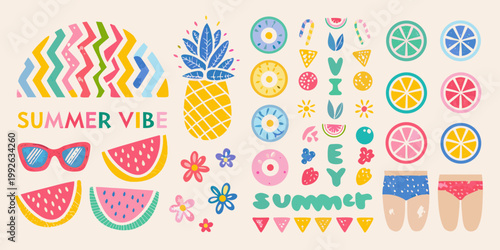 Colorful summer illustration featuring fruits accessories and beach elements