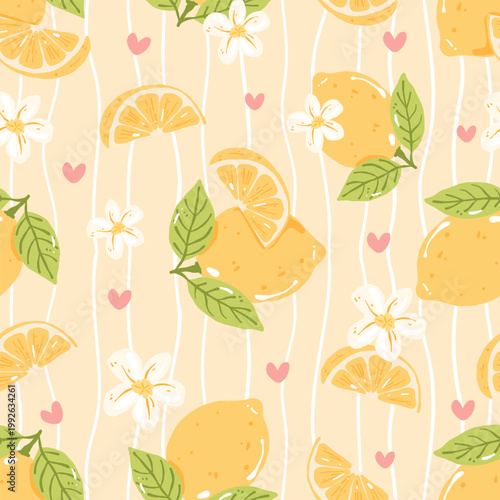 Cute Lemon Seamless Pattern, Pastel Citrus Background with Flowers and Hearts, Summer Yellow Aesthetic Fruit Repeat Design