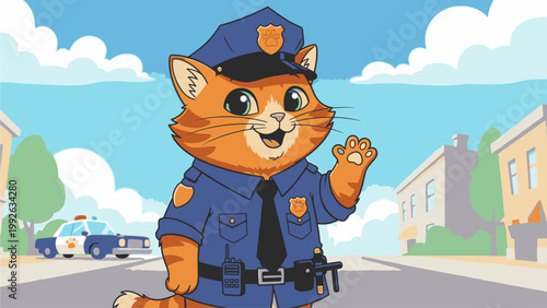 Cartoon illustration of a smiling police cat waving in a blue uniform on a suburban street with buildings and cars.
