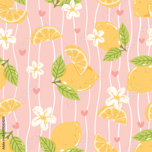 Cute Lemon Seamless Pattern, Pastel Citrus Background with Flowers and Hearts, Summer Pink Aesthetic Fruit Repeat Design