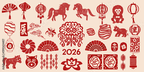 Red paper cut designs depicting zodiac animals and traditional decorations