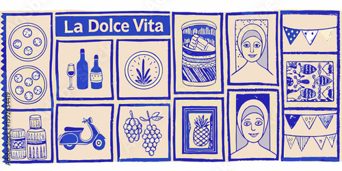 A collection of blue and white illustrations depicting italian themes