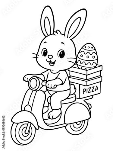 Easter Bunny Pizza Delivery: A delightful illustration showcases a charming Easter bunny on a scooter, skillfully delivering a stack of pizza boxes, including a specially decorated Easter egg