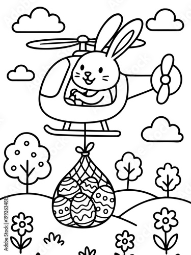 Easter Bunny Helicopter Adventure: A charming bunny pilots a helicopter, delivering a basket of decorated Easter eggs, set against a whimsical landscape of trees and clouds.