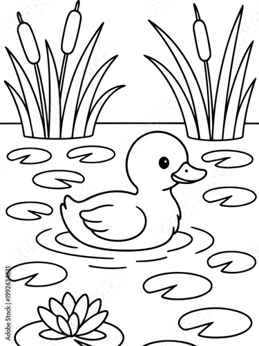 Duckling's Serene Float: A charming duckling peacefully floats on a tranquil pond amidst lily pads, surrounded by the gentle embrace of aquatic plants, creating a calming scene.
