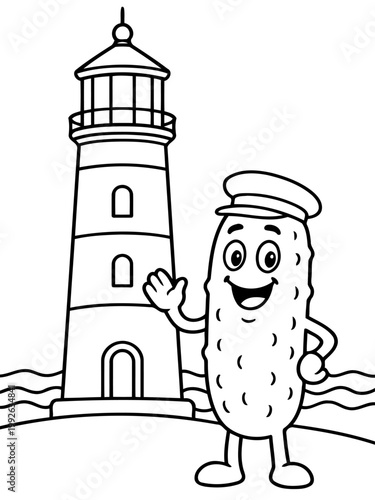 Pickle and Lighthouse: An illustration of a friendly anthropomorphic pickle, saluting cheerfully beside a classic lighthouse, set against the backdrop of the sea.