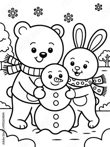 Winter Friends Building Snowman: A heartwarming illustration features a bear and a rabbit, bundled in scarves, constructing a snowman, evoking the joy of friendship and the magic of winter.