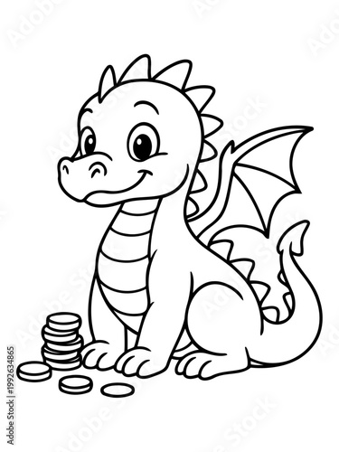 Smiling Dragon with a Pile of Coins: A cute dragon sits beside a pile of coins, showcasing a smile that is contagious and ready for a fun journey.