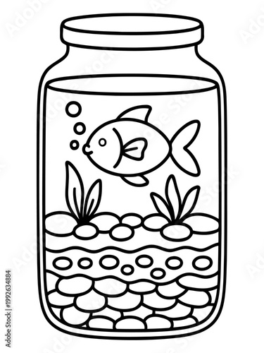 A Fish's World: A simple, charming sketch shows a goldfish peacefully swimming in a glass jar, a tiny aquatic world with plants and bubbles.