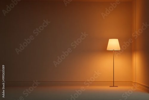A solitary floor lamp illuminates a corner of an empty, dimly lit room.