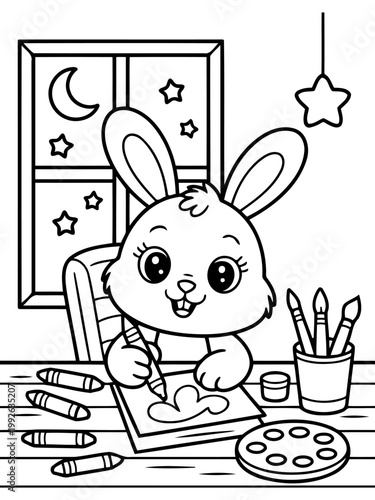 Creative Bunny's Artistic Journey: A charming cartoon bunny, with a captivating gaze, finds inspiration in the starlit night as it embarks on a colorful artistic journey