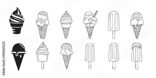 Variety of hand drawn ice cream and popsicle illustrations in black and white