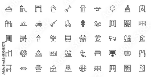 Playground icon set. Vector illustration pack featuring sandbox, slide, swing, carousel, seesaw, monkey bars, trampoline and more. Editable stroke.