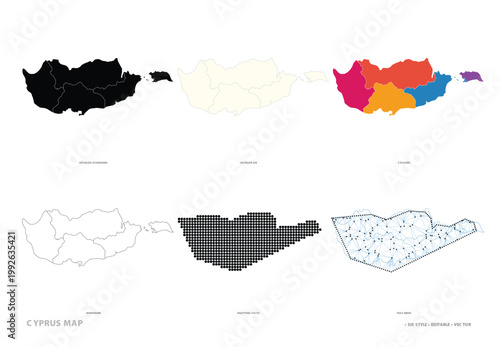 Cyprus map collection with various vector styles solid outline colored pixelated and geometric mesh