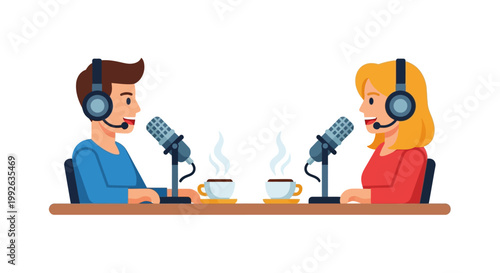 Two people podcasting with microphones and coffee.