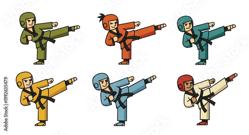 Tableau sur toile Karate practitioners in colorful uniforms performing kicks on white background