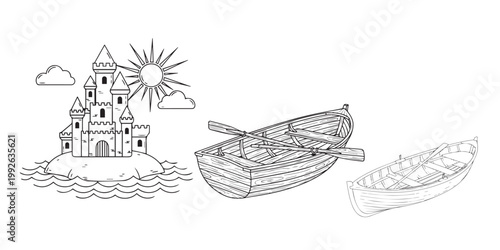 Whimsical black and white illustration of a castle boat and island