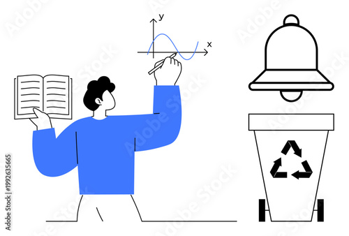 Education, sustainability, notifications, learning, environmental awareness, recycling. A person holding an open book and drawing a graph beside a recycling bin and notification bell. Education