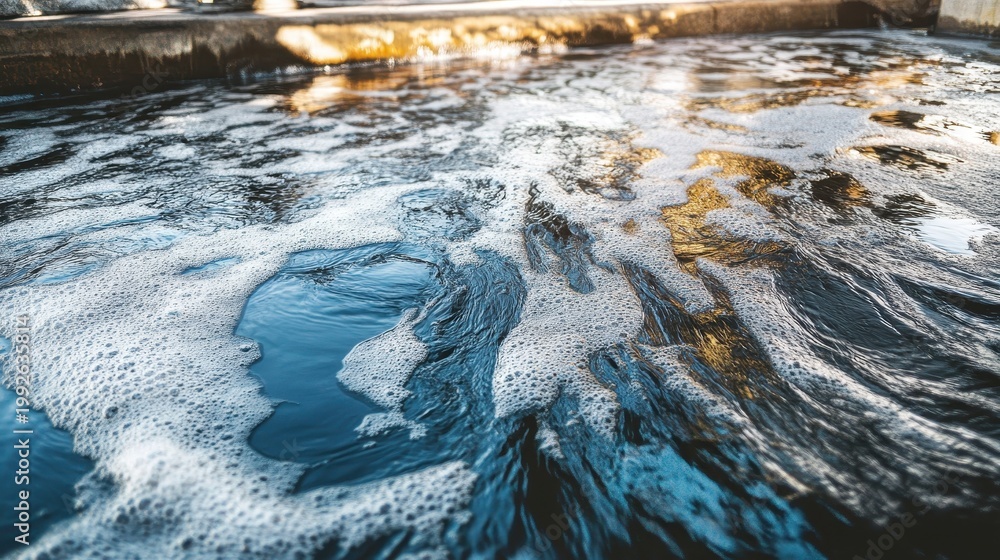 Fototapeta premium Contaminated industrial water with foamy surface flows in harsh sunlight near urban bridges