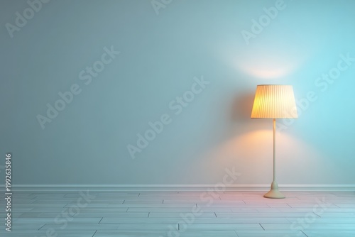 Illuminated lamp casts warm light on a wall in a minimalist room.