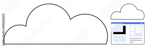Cloud computing, online storage, technology services, data sharing, web applications, digital resources. Large cloud outline with webpage icon inset. Cloud computing and online storage concepts