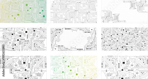 Computer Chip Pathway Design Pack. Cyber Technology Circuit Background Set