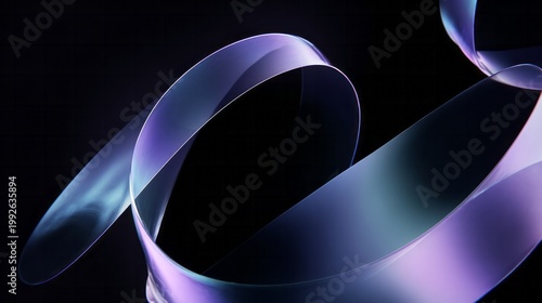 Translucent ribbon curves gracefully on a dark background with subtle light reflections.