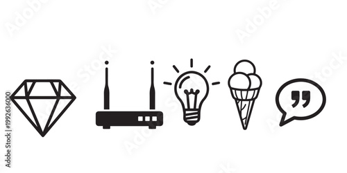 Minimalist line art icons diamond antenna bulb ice cream quote