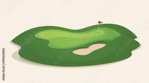 Flat vector graphic of a golf course with rolling green fairways