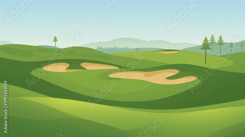 Flat vector graphic of a golf course with rolling green fairways