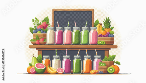 Colorful Smoothies and Fresh Fruits Display.