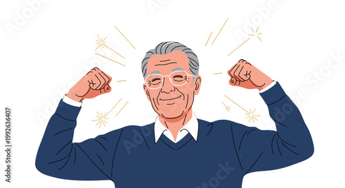 Energetic senior man with glasses flexing his muscles with a proud and healthy expression for active aging concept.