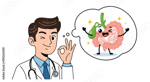 Smiling doctor giving an okay sign while thinking about a healthy gallbladder and digestive tract character with sparkles.