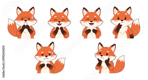 Set of six cute fox cartoon characters expressing various emotions like happiness, sadness, and thought on white background.