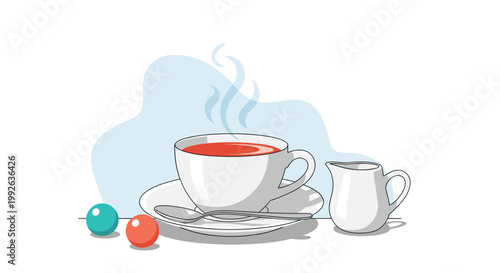 Steaming cup of tea or coffee on a saucer next to a small milk pitcher and colorful sugar balls for break time concept.