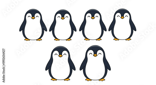 Group of six happy cartoon penguins with closed eyes and smiles standing together on a clean white background.