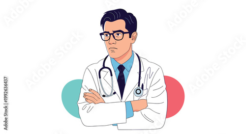 Serious male doctor in a white lab coat with a stethoscope around his neck and arms crossed on colorful background.