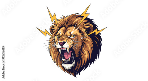 Ferocious lion head roaring with yellow lightning bolts emanating from its eyes and brow on white background.